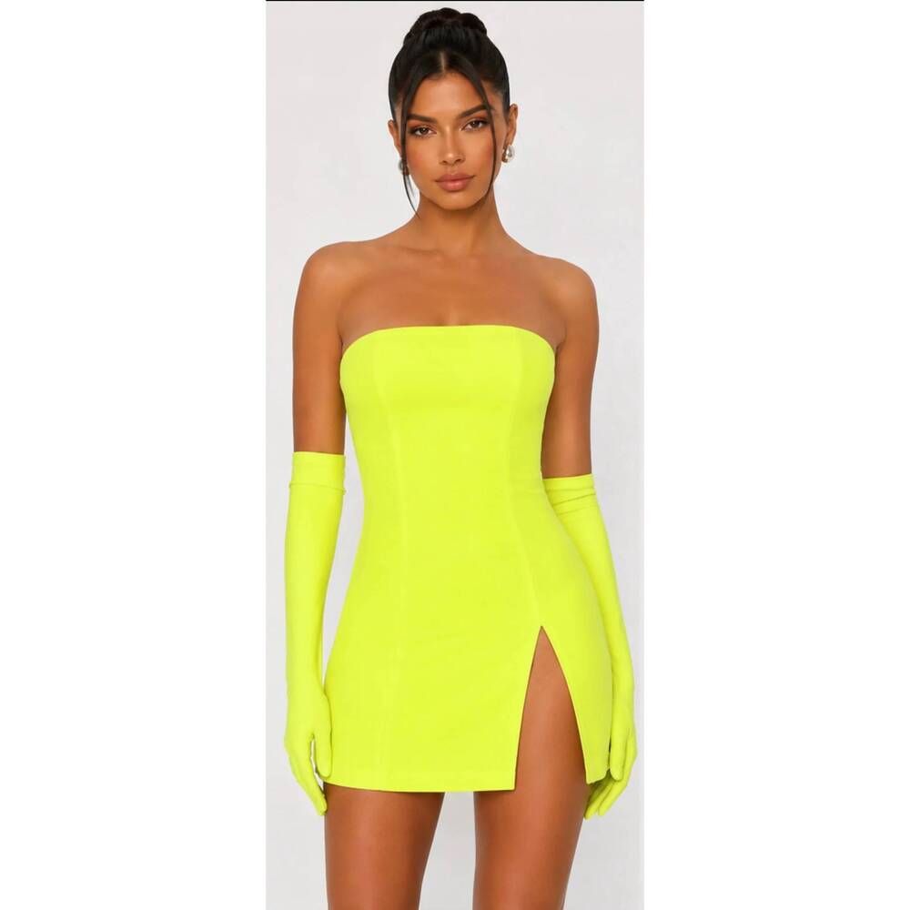 NEW MISCREANTS LONDON cupid mini dress & opera gloves in neon yellow green